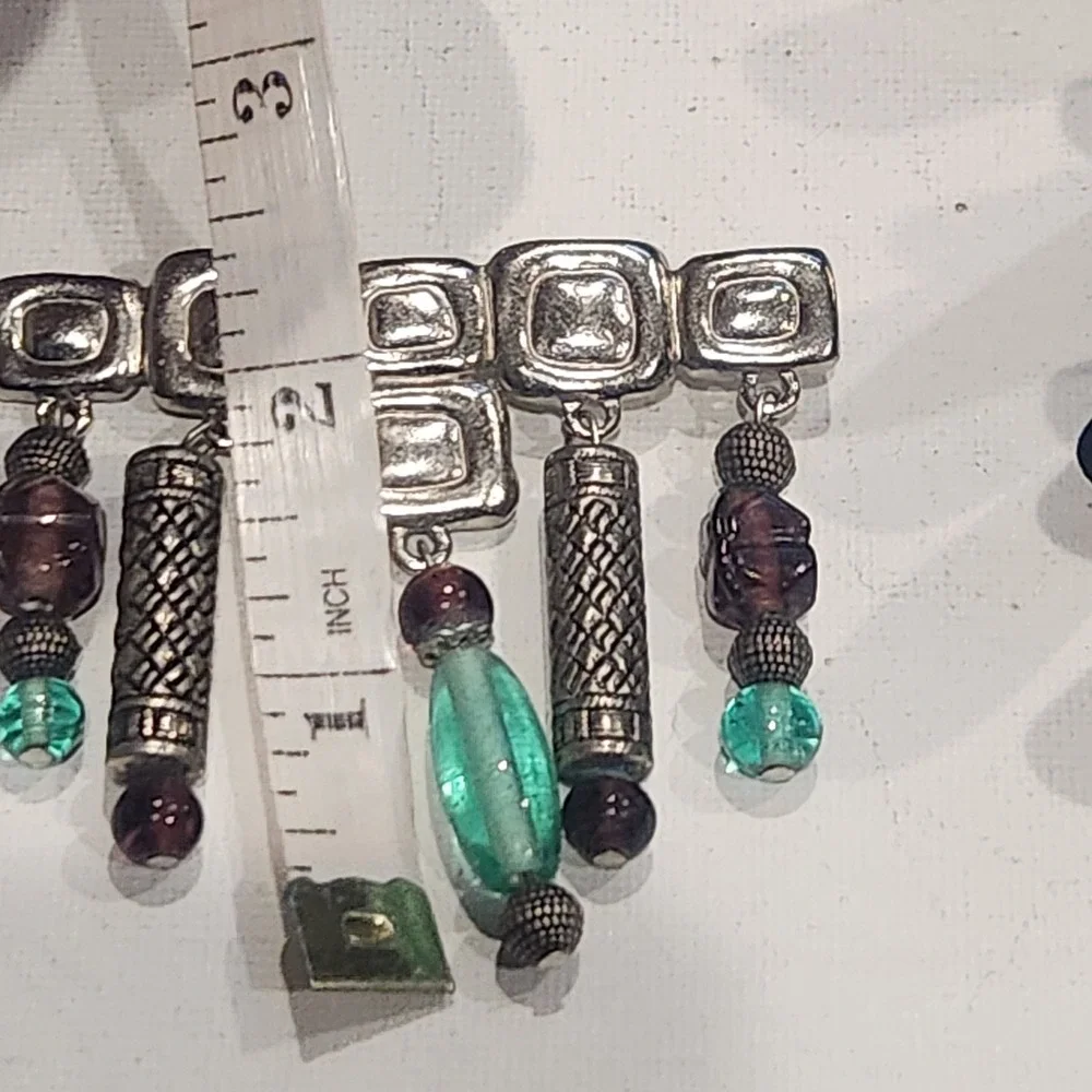 JJ Jonette Vintage Silver Tone Geometric Dangle Brooch Purple Teal Beads